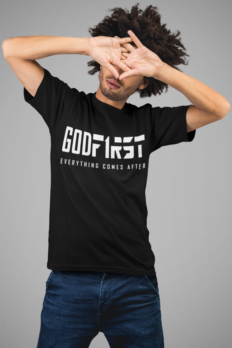 M.A.D Apparel Man wearing Black T-shirt with God First Design