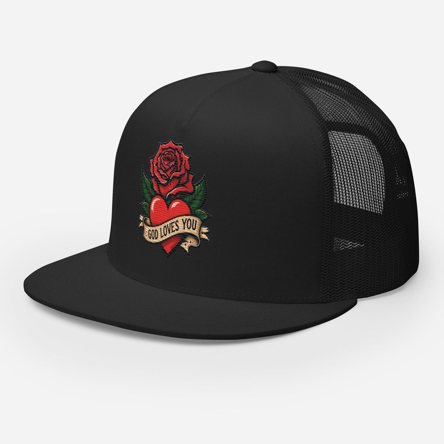 M.A.D Apparel God Loves You Heart & Rose Edition Christian Trucker Cap
